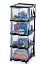 IRIS Iris Ohyama, Rollcontainer Kunststoff auf Rollen, 4 Grosse Schubladen, Schwarz, KMC-304