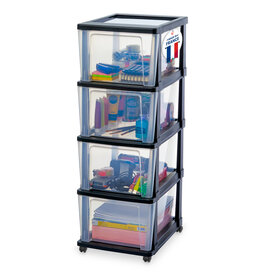 IRIS Iris Ohyama, Rollcontainer Kunststoff auf Rollen, 4 Grosse Schubladen, Schwarz, KMC-304