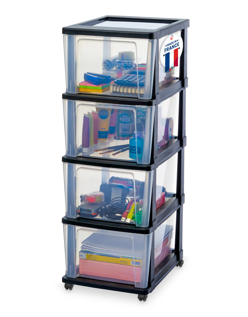 IRIS Iris Ohyama, Rollcontainer Kunststoff auf Rollen, 4 Grosse Schubladen, Schwarz, KMC-304