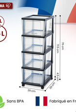 IRIS Iris Ohyama, Rollcontainer Kunststoff auf Rollen, 4 Grosse Schubladen, Schwarz, KMC-304