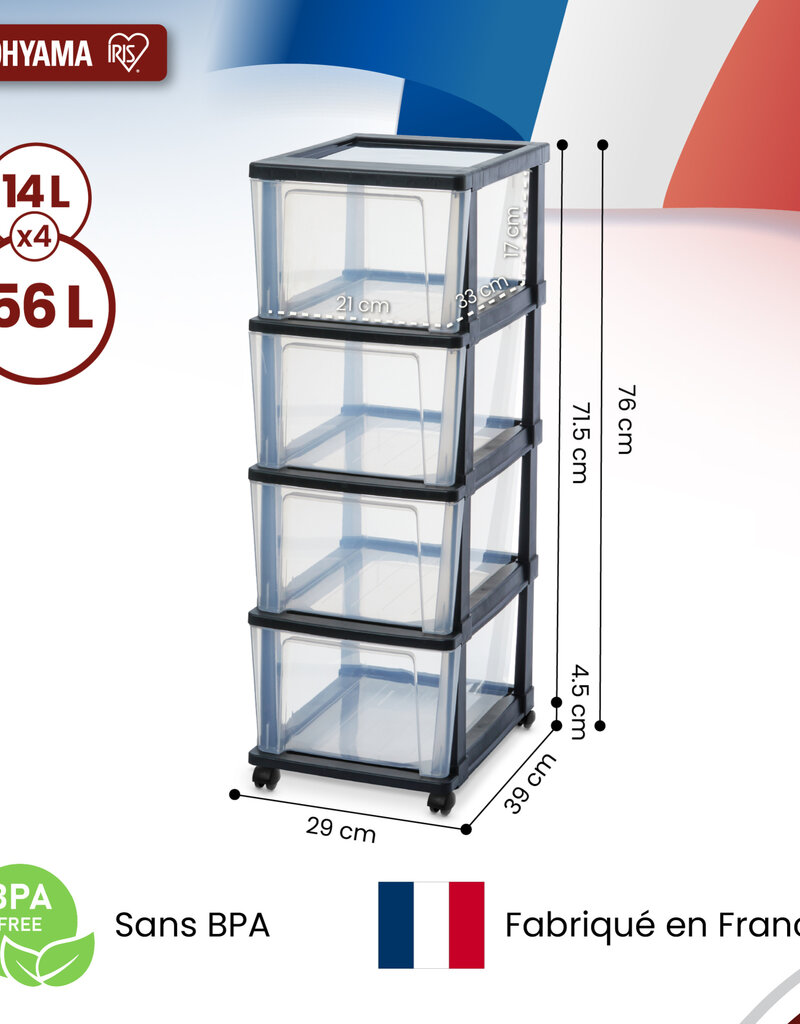 IRIS Iris Ohyama, Rollcontainer Kunststoff auf Rollen, 4 Grosse Schubladen, Schwarz, KMC-304