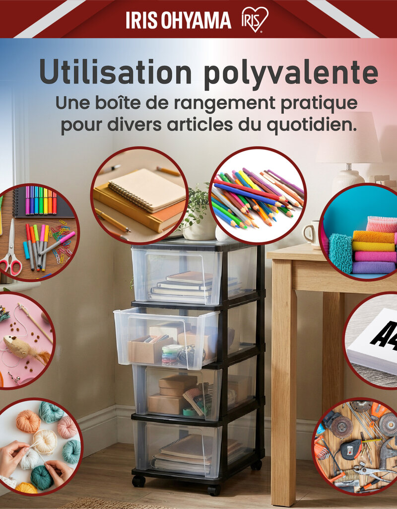 IRIS Iris Ohyama, Rollcontainer Kunststoff auf Rollen, 4 Grosse Schubladen, Schwarz, KMC-304