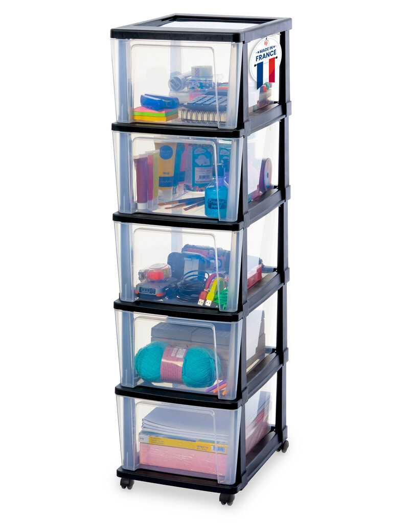 IRIS Iris Ohyama, Rollcontainer Kunststoff auf Rollen, 5 Grosse Schubladen, Schwarz, KMC-305