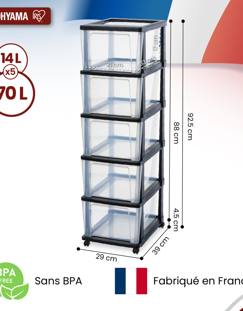 IRIS Iris Ohyama, Rollcontainer Kunststoff auf Rollen, 5 Grosse Schubladen, Schwarz, KMC-305