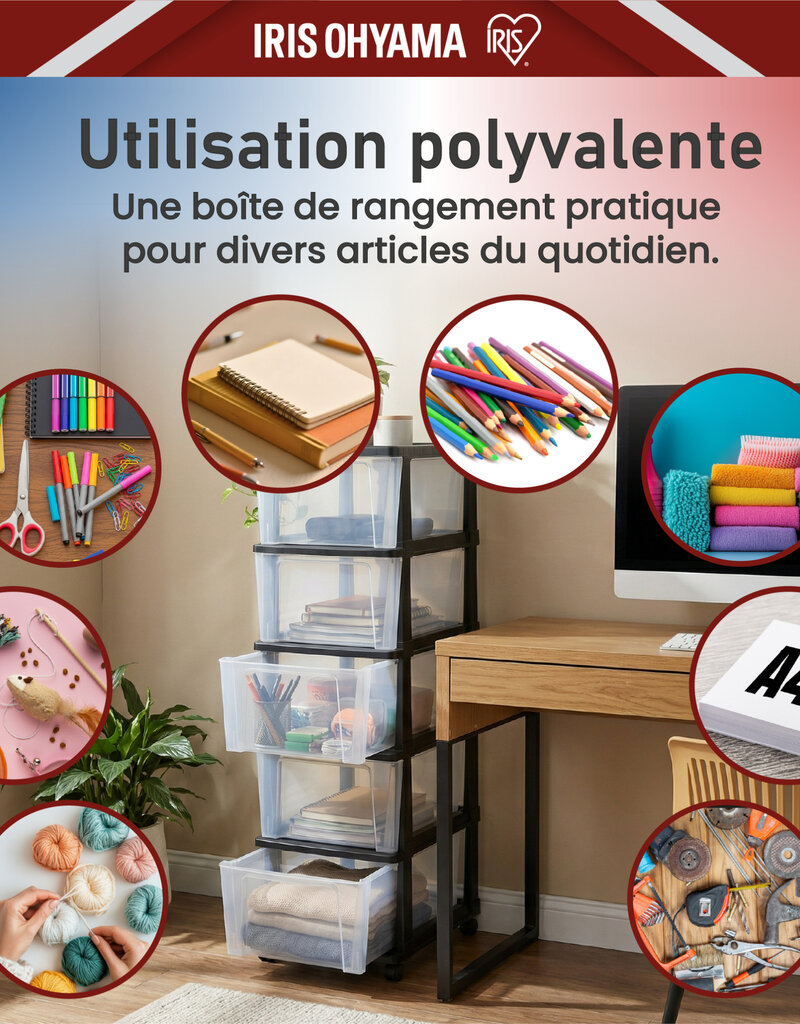 IRIS Iris Ohyama, Rollcontainer Kunststoff auf Rollen, 5 Grosse Schubladen, Schwarz, KMC-305