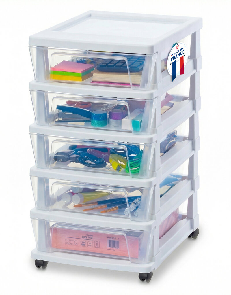 IRIS Iris Ohyama, Rollcontainer Kunststoff auf Rollen, 5 Kompakte Schubladen, Weiß, KMC-350