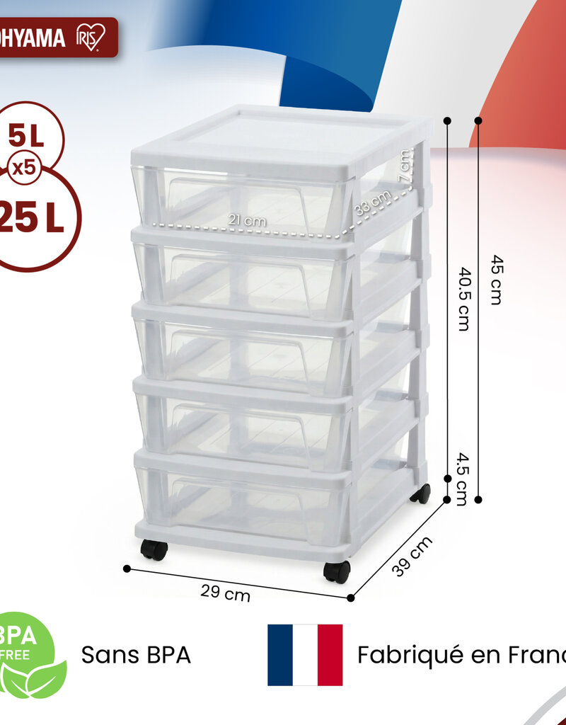 IRIS Iris Ohyama, Rollcontainer Kunststoff auf Rollen, 5 Kompakte Schubladen, Weiß, KMC-350