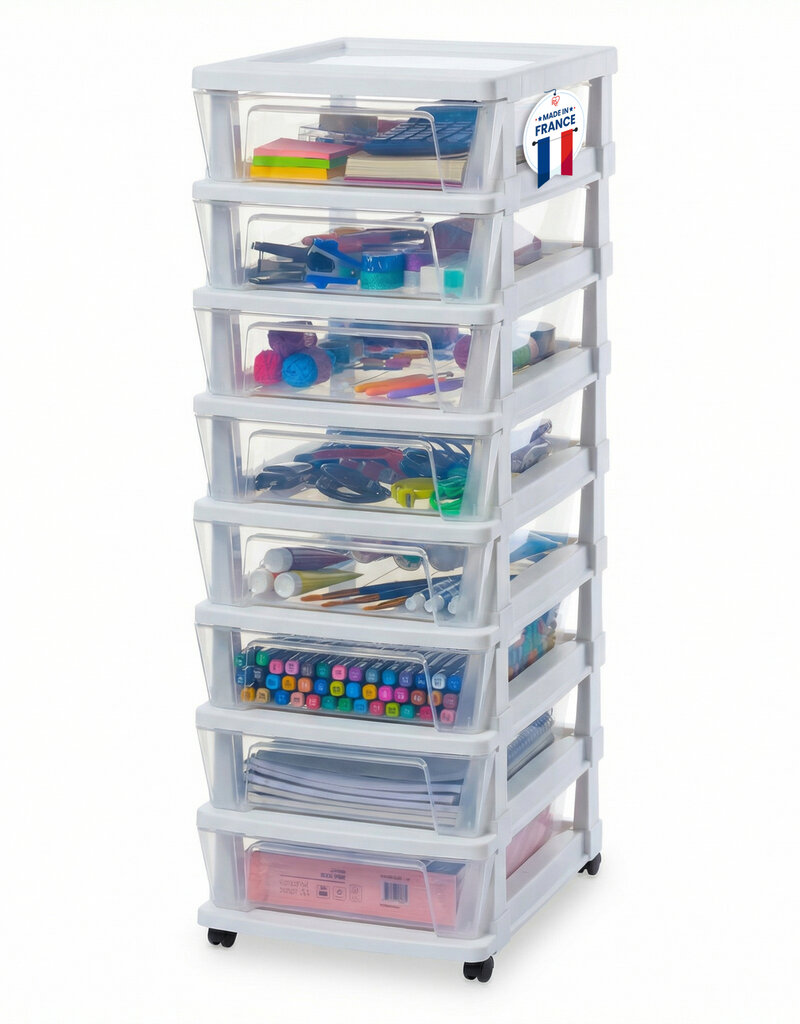 IRIS Iris Ohyama, Rollcontainer Kunststoff auf Rollen, 8 Kompakte Schubladen, Weiß, KMC-380