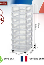 IRIS Iris Ohyama, Rollcontainer Kunststoff auf Rollen, 8 Kompakte Schubladen, Weiß, KMC-380