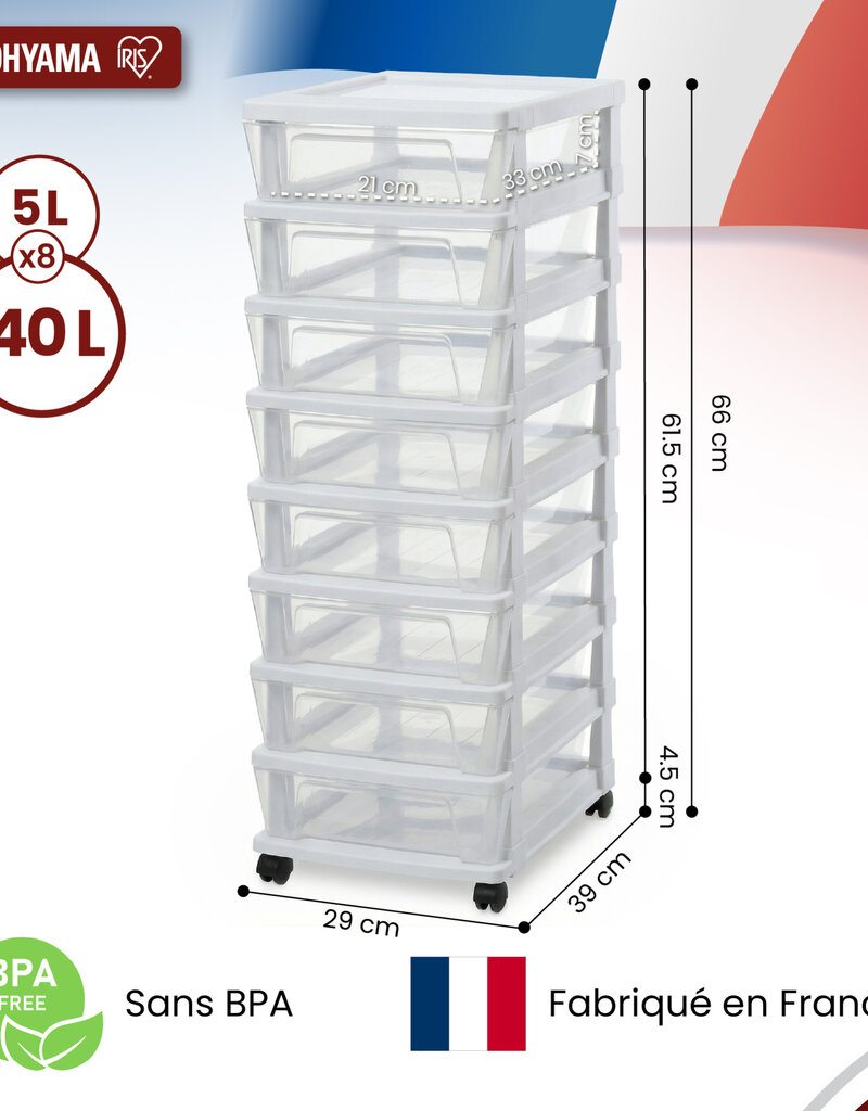 IRIS Iris Ohyama, Rollcontainer Kunststoff auf Rollen, 8 Kompakte Schubladen, Weiß, KMC-380