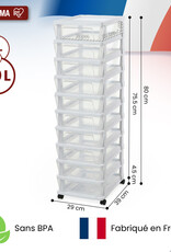 IRIS Iris Ohyama, Rollcontainer Kunststoff auf Rollen, 10 Kompakte Schubladen, Weiß, KMC-010