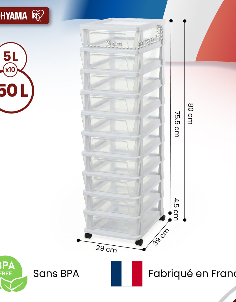 IRIS Iris Ohyama, Rollcontainer Kunststoff auf Rollen, 10 Kompakte Schubladen, Weiß, KMC-010