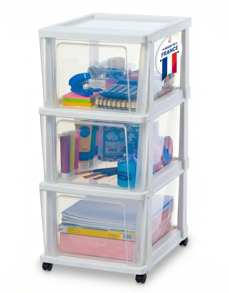 IRIS Iris Ohyama, Rollcontainer Kunststoff auf Rollen, 3 Grosse Schubladen, Weiß, KMC-303
