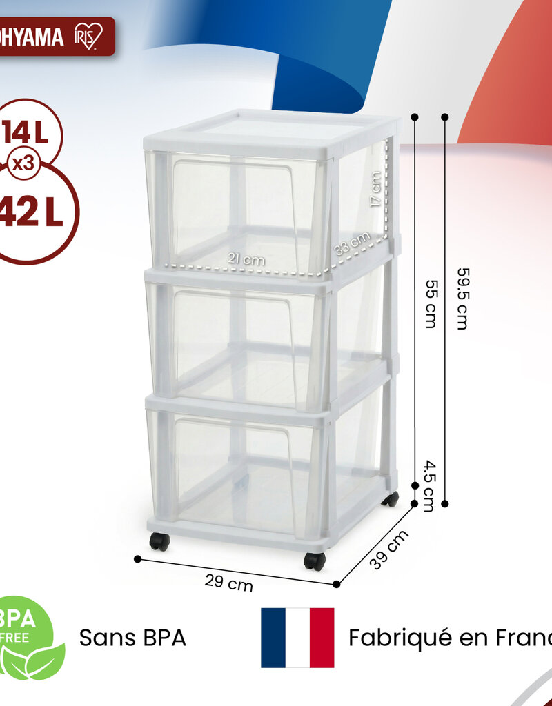 IRIS Iris Ohyama, Rollcontainer Kunststoff auf Rollen, 3 Grosse Schubladen, Weiß, KMC-303