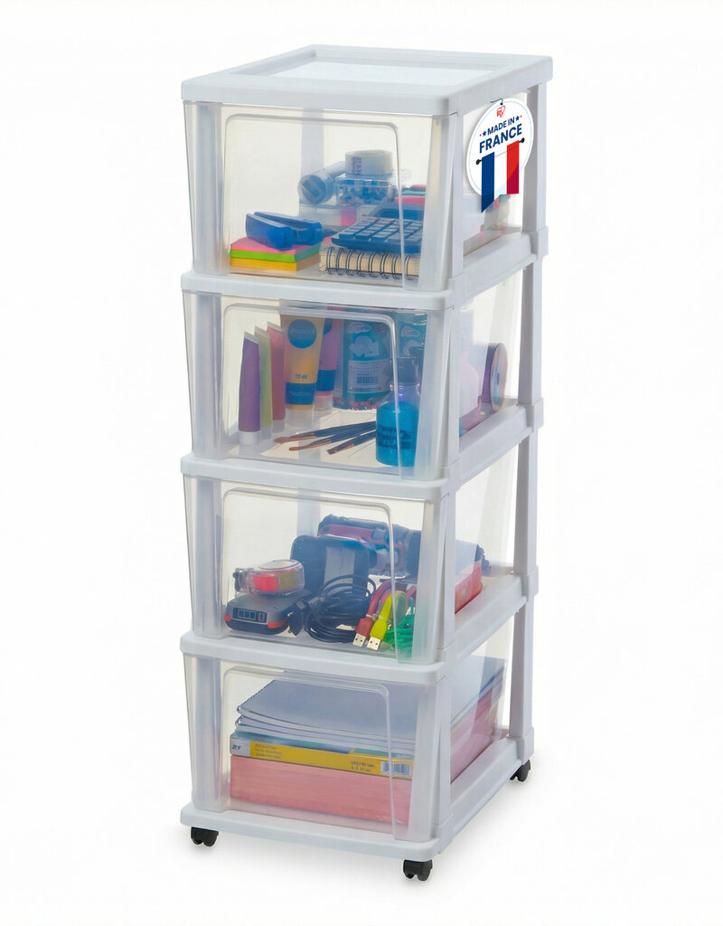 IRIS Iris Ohyama, Rollcontainer Kunststoff auf Rollen, 4 Grosse Schubladen, Weiß, KMC-304