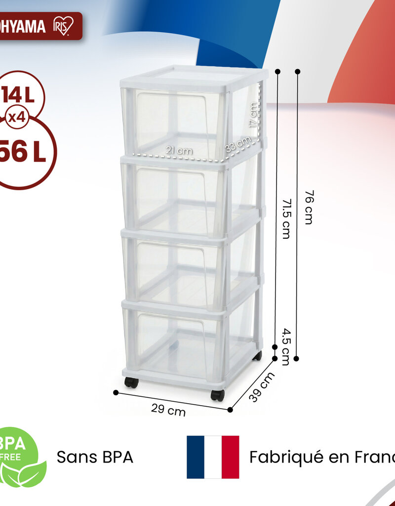 IRIS Iris Ohyama, Rollcontainer Kunststoff auf Rollen, 4 Grosse Schubladen, Weiß, KMC-304