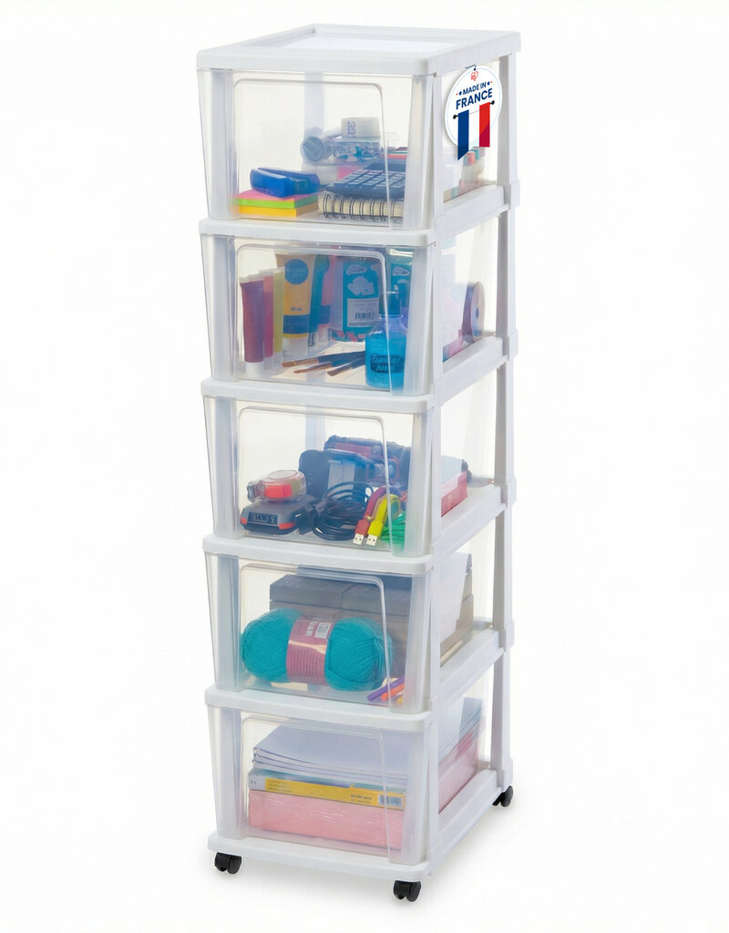 IRIS Iris Ohyama, Rollcontainer Kunststoff auf Rollen, 5 Grosse Schubladen, Weiß, KMC-305