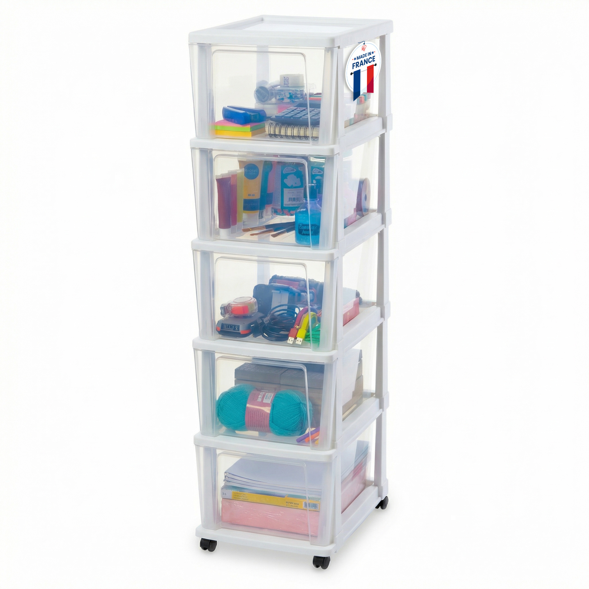 IRIS Iris Ohyama, Rollcontainer Kunststoff auf Rollen, 5 Grosse Schubladen, Weiß, KMC-305