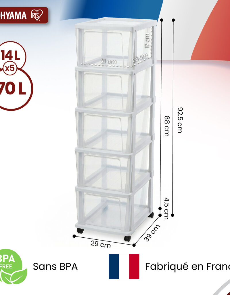 IRIS Iris Ohyama, Rollcontainer Kunststoff auf Rollen, 5 Grosse Schubladen, Weiß, KMC-305