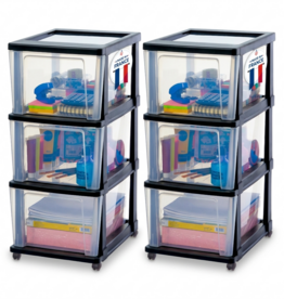 IRIS Iris Ohyama, Rollcontainer Kunststoff auf Rollen, 2er-Set, 3 Grosse Schubladen, Schwarz, KMC-303