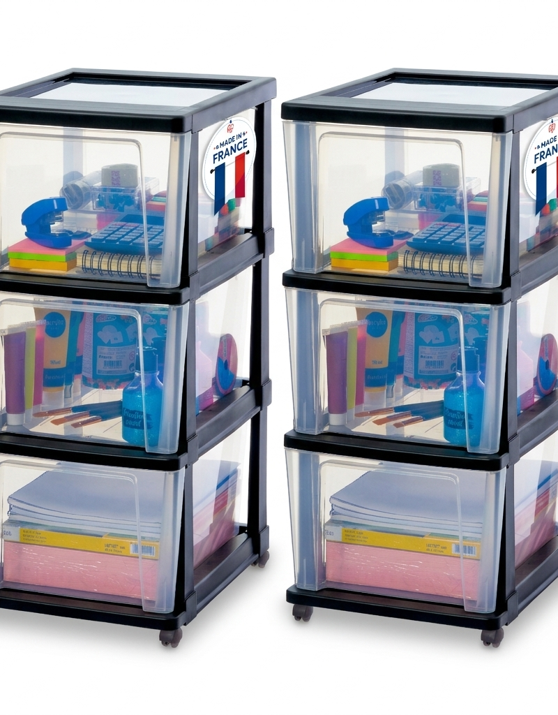 IRIS Iris Ohyama, Rollcontainer Kunststoff auf Rollen, 2er-Set, 3 Grosse Schubladen, Schwarz, KMC-303