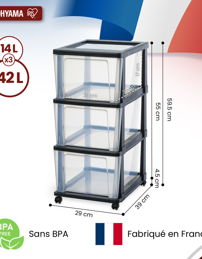 IRIS Iris Ohyama, Rollcontainer Kunststoff auf Rollen, 2er-Set, 3 Grosse Schubladen, Schwarz, KMC-303