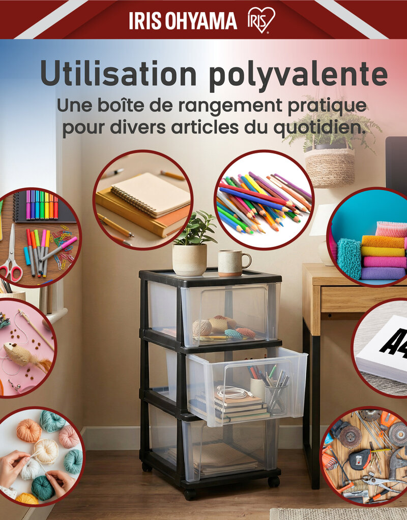 IRIS Iris Ohyama, Rollcontainer Kunststoff auf Rollen, 2er-Set, 3 Grosse Schubladen, Schwarz, KMC-303