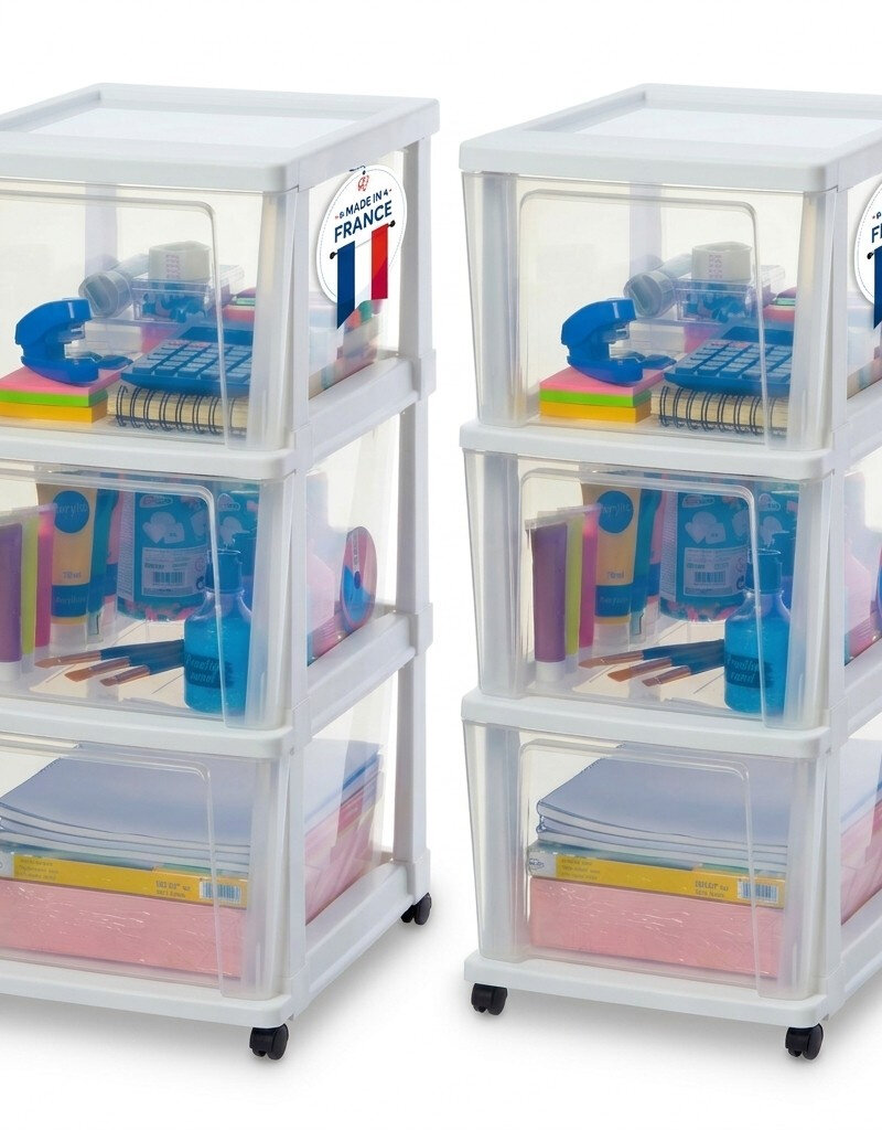 IRIS Iris Ohyama, Rollcontainer Kunststoff auf Rollen, 2er-Set, 3 Grosse Schubladen, Weiß, KMC-303