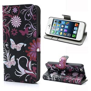 PU Leren Wallet iPhone 5(s)/SE - Vlinders Zwart