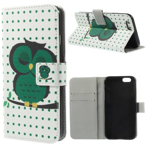 PU Leren stand Wallet iPhone 6(s) ‚Äì Wit- Groene Uil