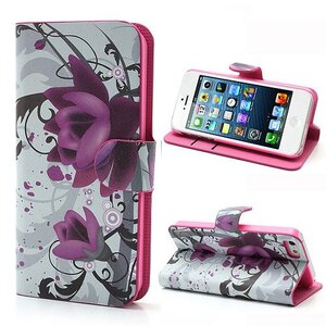 PU Leren Wallet iPhone 5(s)/SE - Paarse Bloem