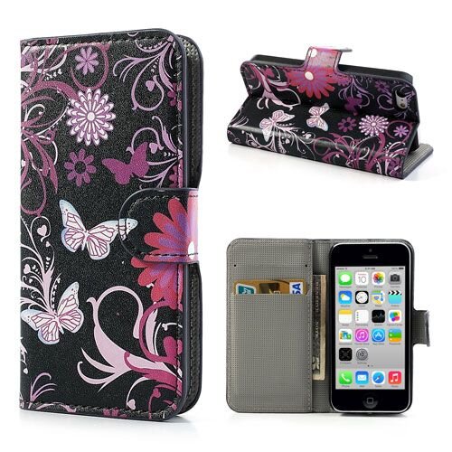 PU Leren Wallet iPhone 5c - Vlinders Zwart