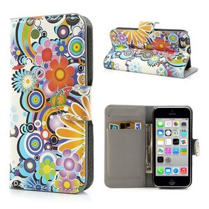 PU Leren Wallet iPhone 5c - 60s Bloemen PU Leren Wallet iPhone 5c - 60s Bloemen