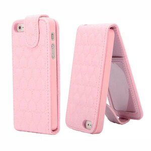 Zacht roze hartjes gestikte lederen flipcase iphone 5 5S