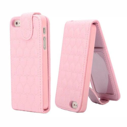 Zacht roze hartjes gestikte lederen flipcase iphone 5 5S