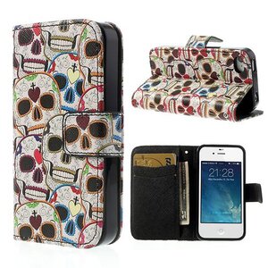 Kleurrijke Schedel Heads Wallet lederen beschermhoes Stand voor iPhone 4/4S Kleurrijke Schedel Heads Wallet lederen beschermhoes Stand voor iPhone 4/4S