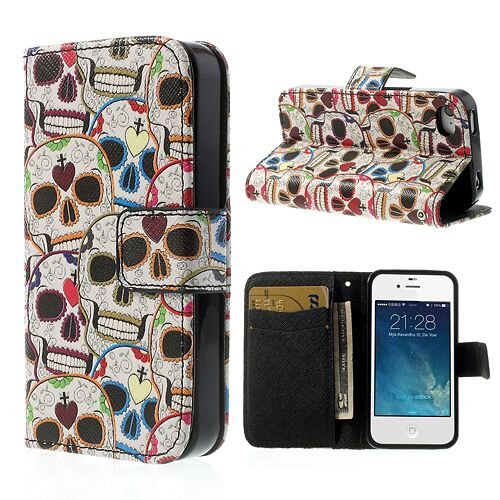 Kleurrijke Schedel Heads Wallet lederen beschermhoes Stand voor iPhone 4/4S Kleurrijke Schedel Heads Wallet lederen beschermhoes Stand voor iPhone 4/4S