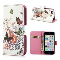 PU Leren Wallet iPhone 5c - Vlinders Wit
