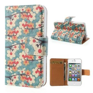 Bloemen Wallet Leren hoesje voor iPhone 4 4s - Groen