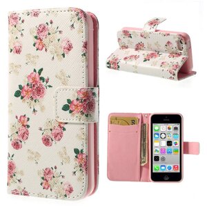 PU Leren Wallet iPhone 5c - Wit Bloemen