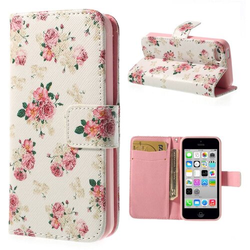 PU Leren Wallet iPhone 5c - Wit Bloemen