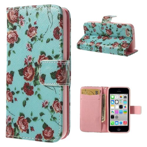 pu leren wallet iphone 5c cyaan bloemen