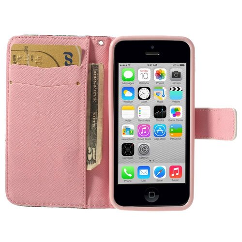 pu leren wallet iphone 5c cyaan bloemen