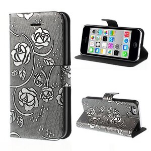 Mooie PU lederen wallet case zilver met rozen voor iphone 5C Mooie PU lederen wallet case zilver met rozen voor iphone 5C