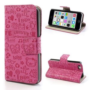 Cartoon Graffiti Leer Hoesje voor iPhone 5c - hard Roze Cartoon Graffiti Leer Hoesje voor iPhone 5c - hard Roze