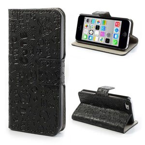 PU Leren Wallet iPhone 5c - Cartoon Graffiti Zwart PU Leren Wallet iPhone 5c - Cartoon Graffiti Zwart