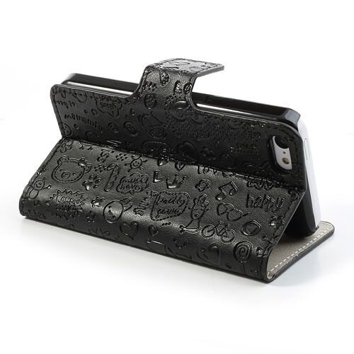 pu leren wallet iphone 5c cartoon graffiti zwart