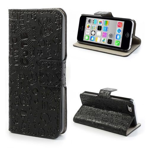 pu leren wallet iphone 5c cartoon graffiti zwart