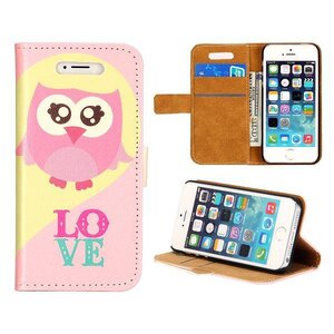 Uilenserie Wallet Style Leren hoesje voor de iPhone 5 5s (Roze Uil)