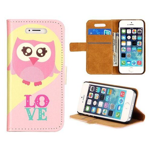 Uilenserie wallet style leren hoesje voor de iphone 5 5s roz Uilenserie wallet style leren hoesje voor de iphone 5 5s roz